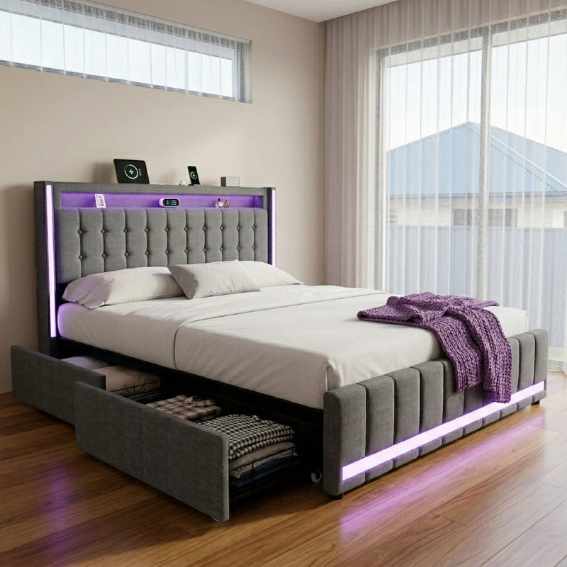 Double Package | Harrison LED Smart Storage Bed Frame Grey & Serenity Euro Top Mattress (Medium Firm)-2