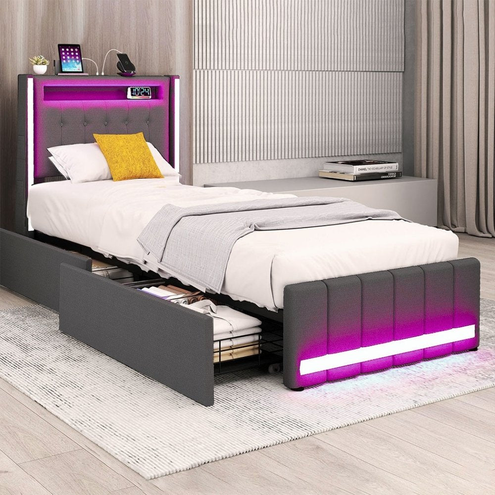 Single Package | Harrison LED Smart Storage Bed Grey & Glay Bonnell Spring Mattress (Medium Firm)
