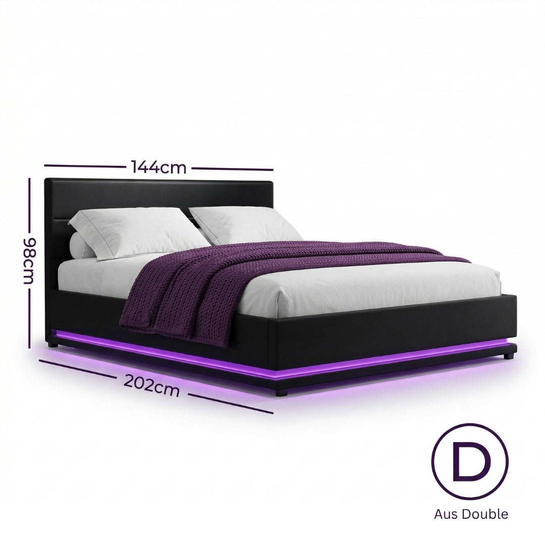 Henley Double Gas Lift Storage Bed Frame with LED Lights – Black