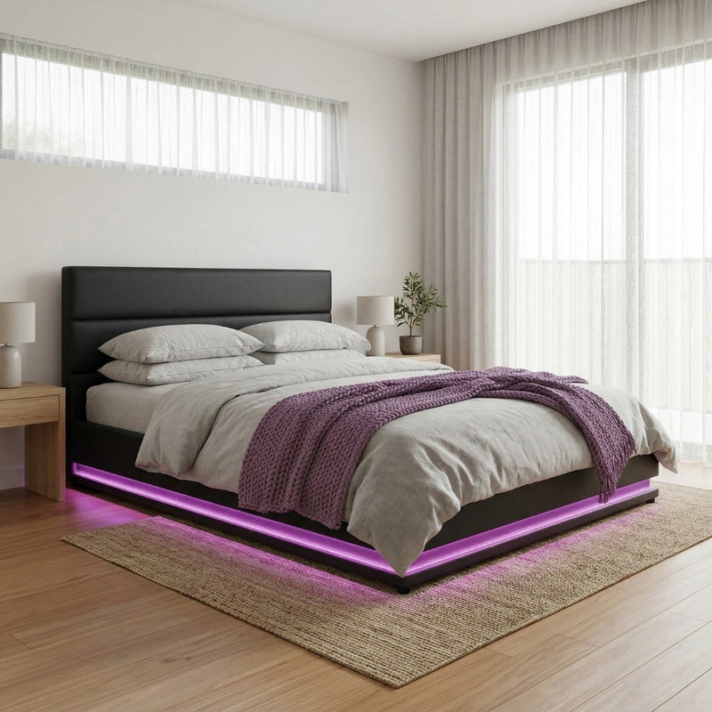 Henley Queen Gas Lift Storage Bed Frame with LED Lights – Black-1