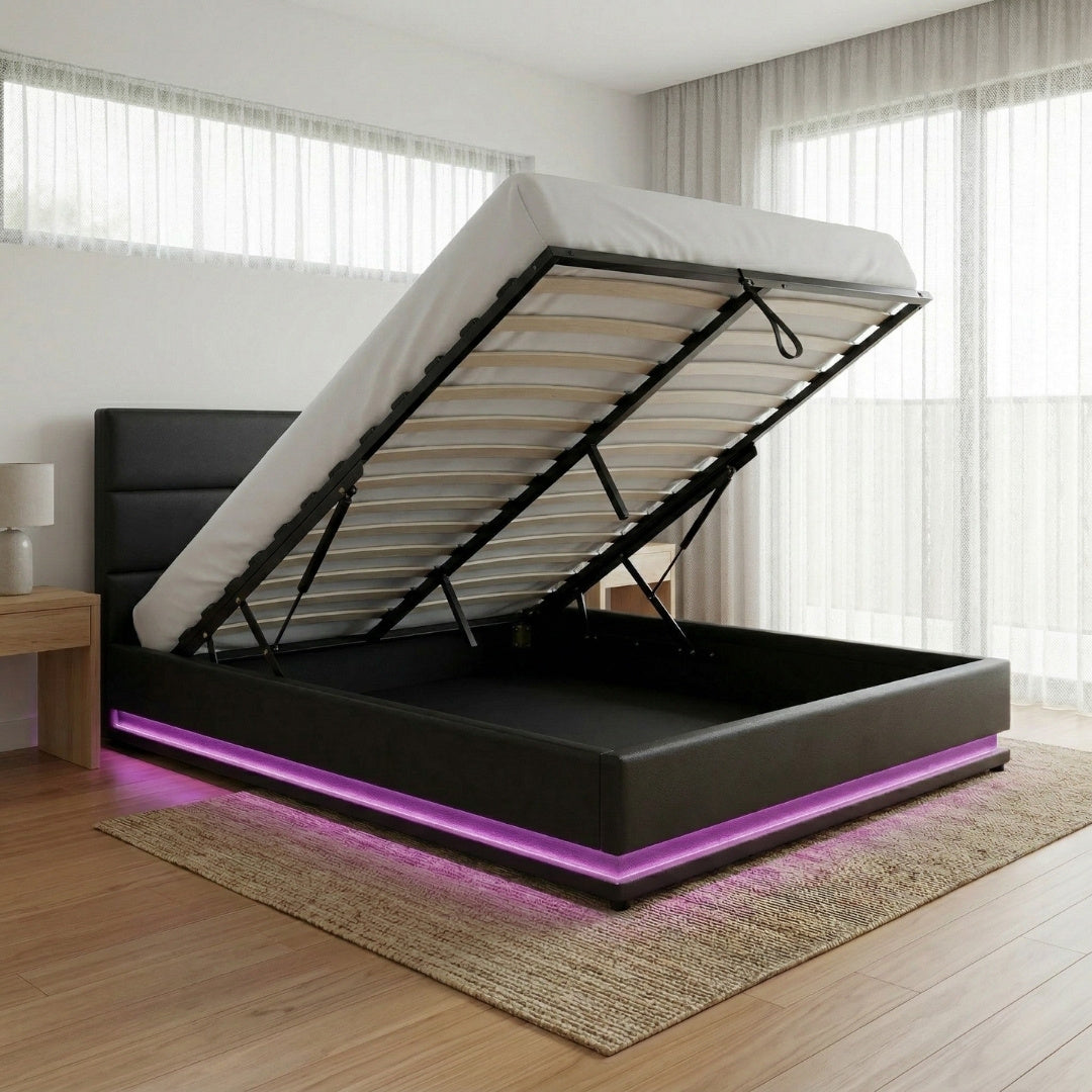 Henley Queen Gas Lift Storage Bed Frame with LED Lights – Black-2
