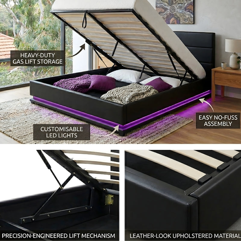 Henley Queen Gas Lift Storage Bed Frame with LED Lights – Black-5