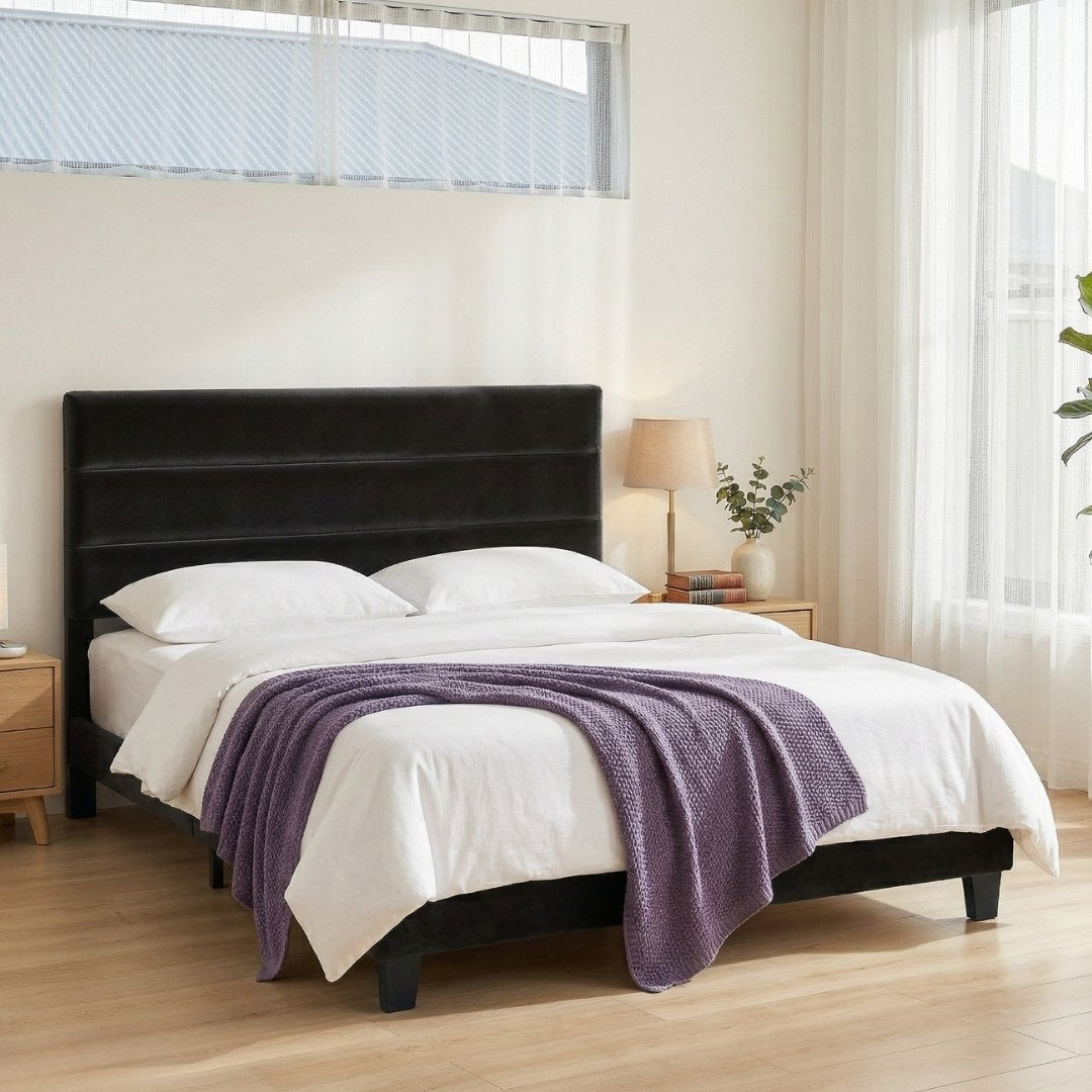 Queen Package | Hush Velvet Bed Frame Black & Serenity Euro Top Mattress (Medium Firm)