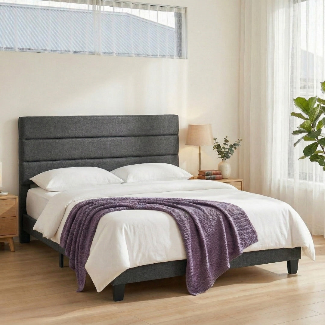 Hush King Linen Upholstered Bed Frame - Dark Grey-1