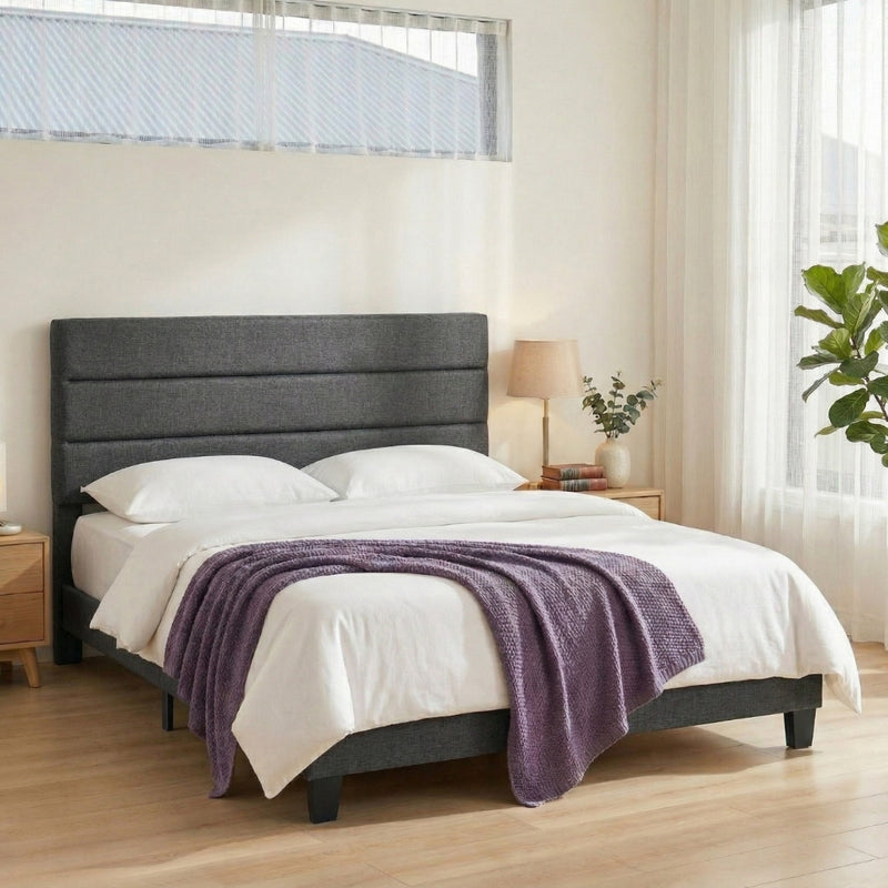 Hush King Linen Upholstered Bed Frame - Dark Grey-1