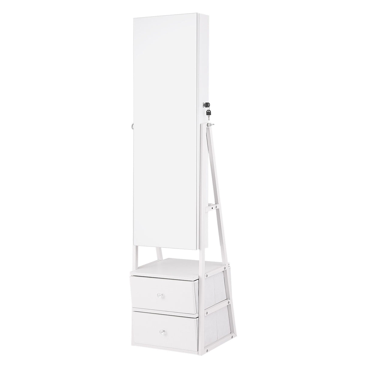 Lockable Freestanding Jewelry Armoire with Mirror and Drawers - White