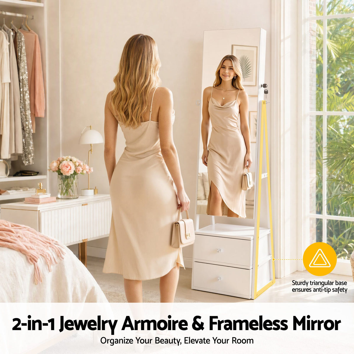 Lockable Freestanding Jewelry Armoire with Mirror and Drawers - White