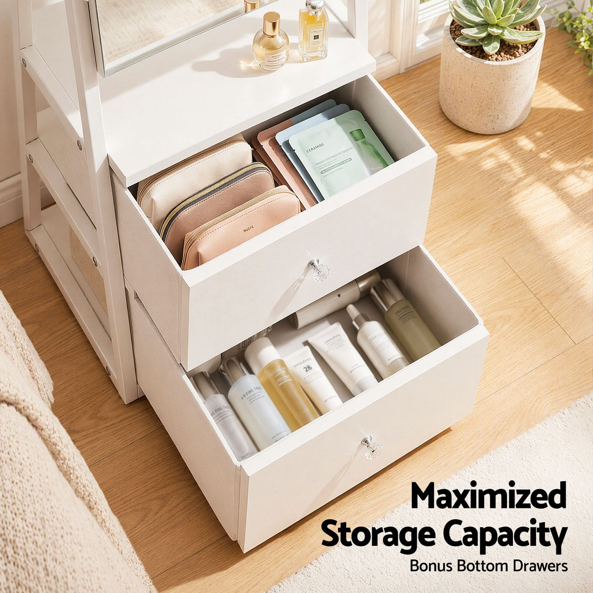Lockable Freestanding Jewelry Armoire with Mirror and Drawers - White