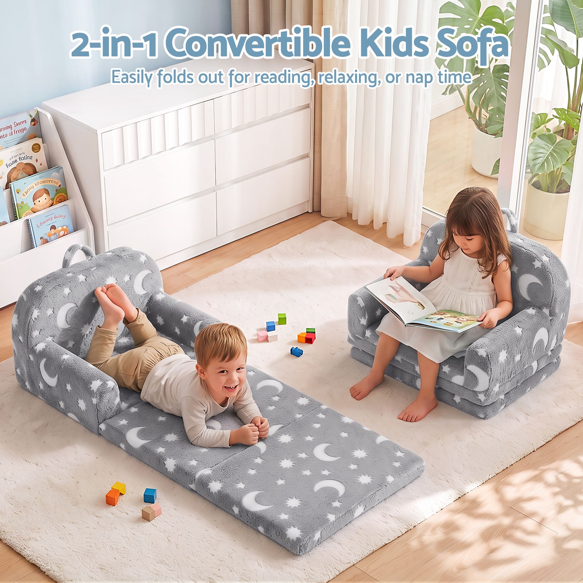 Kids 2-in-1 Fold Out Sofa Bed with Removable Washable Cover, Carry Handle, Storage Pocket, Glow in the Dark, Grey