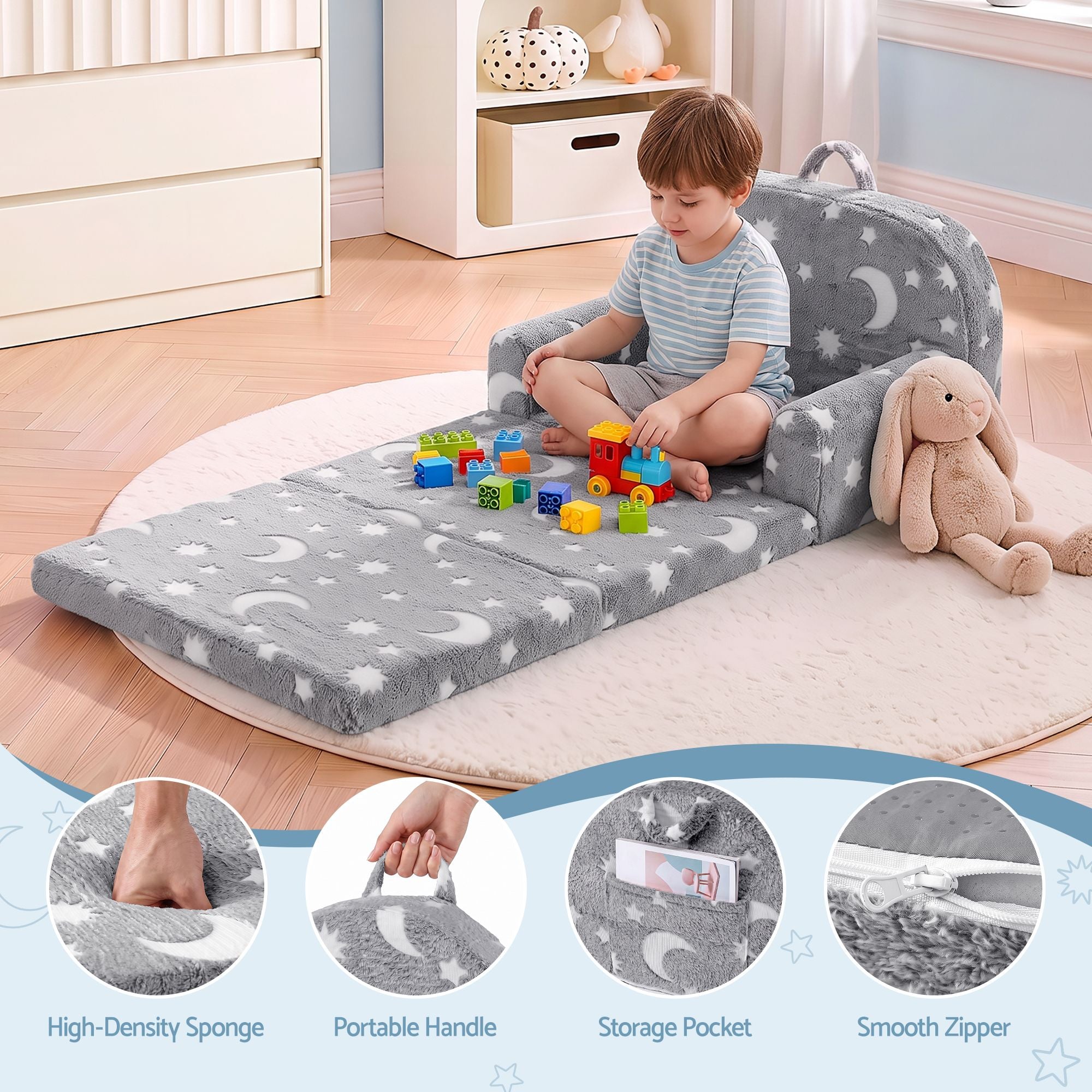 Kids 2-in-1 Fold Out Sofa Bed with Removable Washable Cover, Carry Handle, Storage Pocket, Glow in the Dark, Grey