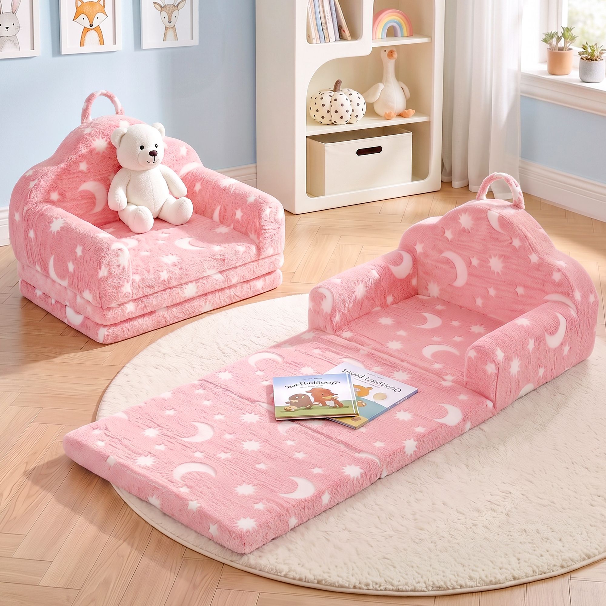 Kids 2-in-1 Fold Out Sofa Bed with Removable Washable Cover, Carry Handle, Storage Pocket, Glow in the Dark, Pink