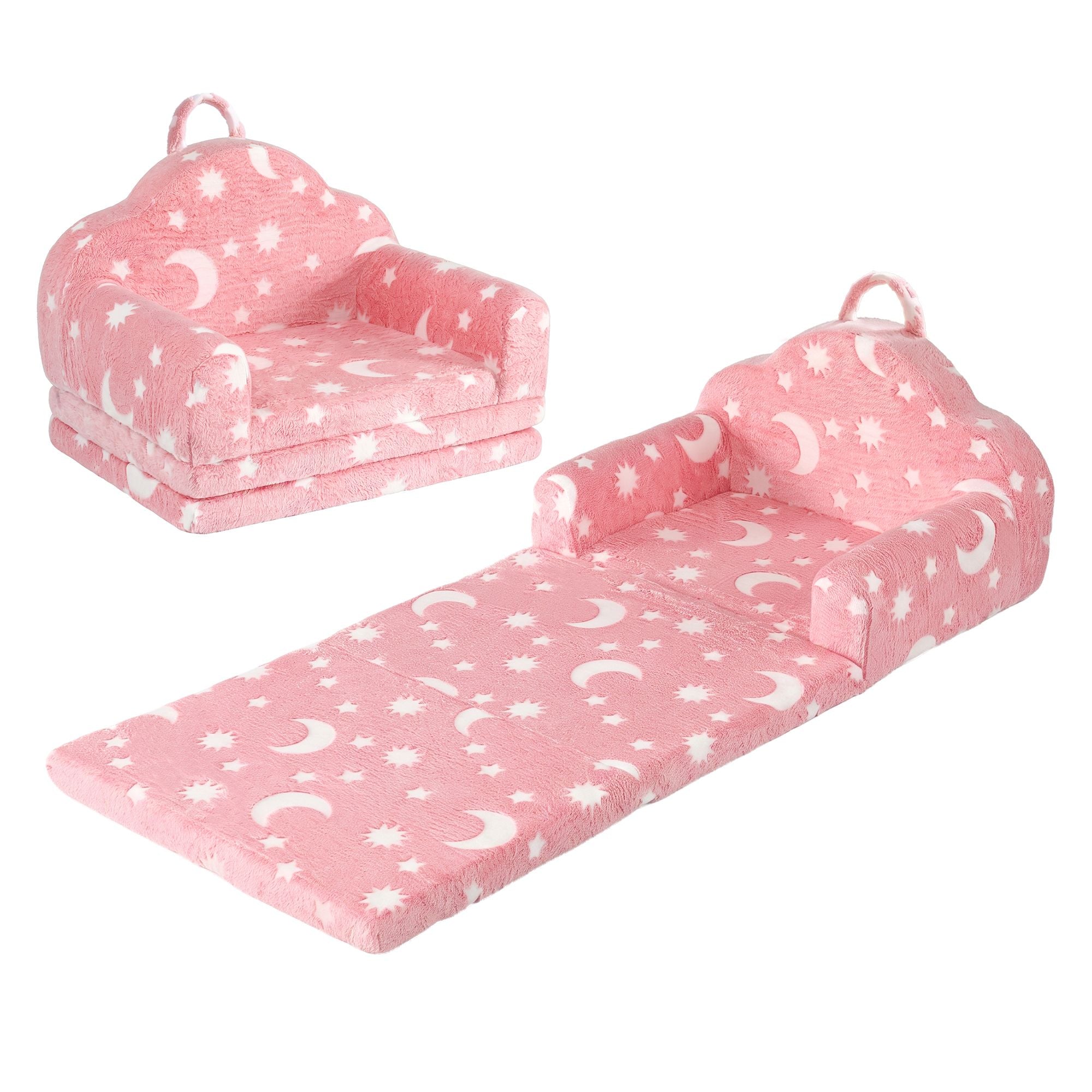 Kids 2-in-1 Fold Out Sofa Bed with Removable Washable Cover, Carry Handle, Storage Pocket, Glow in the Dark, Pink
