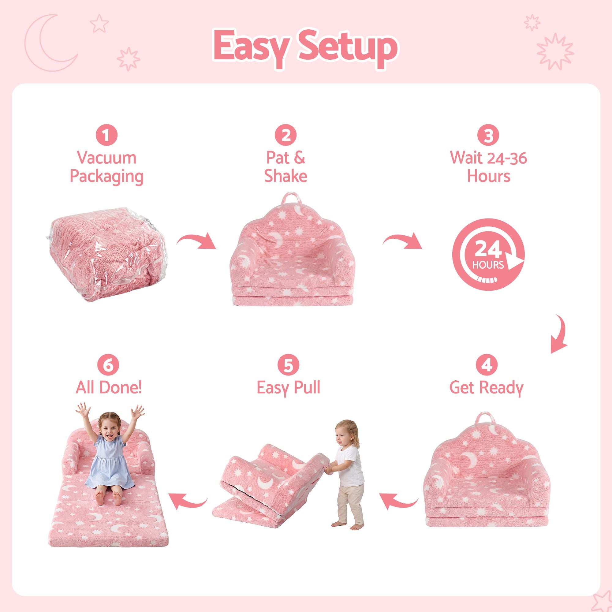 Kids 2-in-1 Fold Out Sofa Bed with Removable Washable Cover, Carry Handle, Storage Pocket, Glow in the Dark, Pink