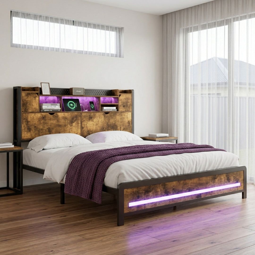 Queen Package | Kensley LED Storage Bed Frame Industrial & Serenity Euro Top Mattress (Medium Firm)