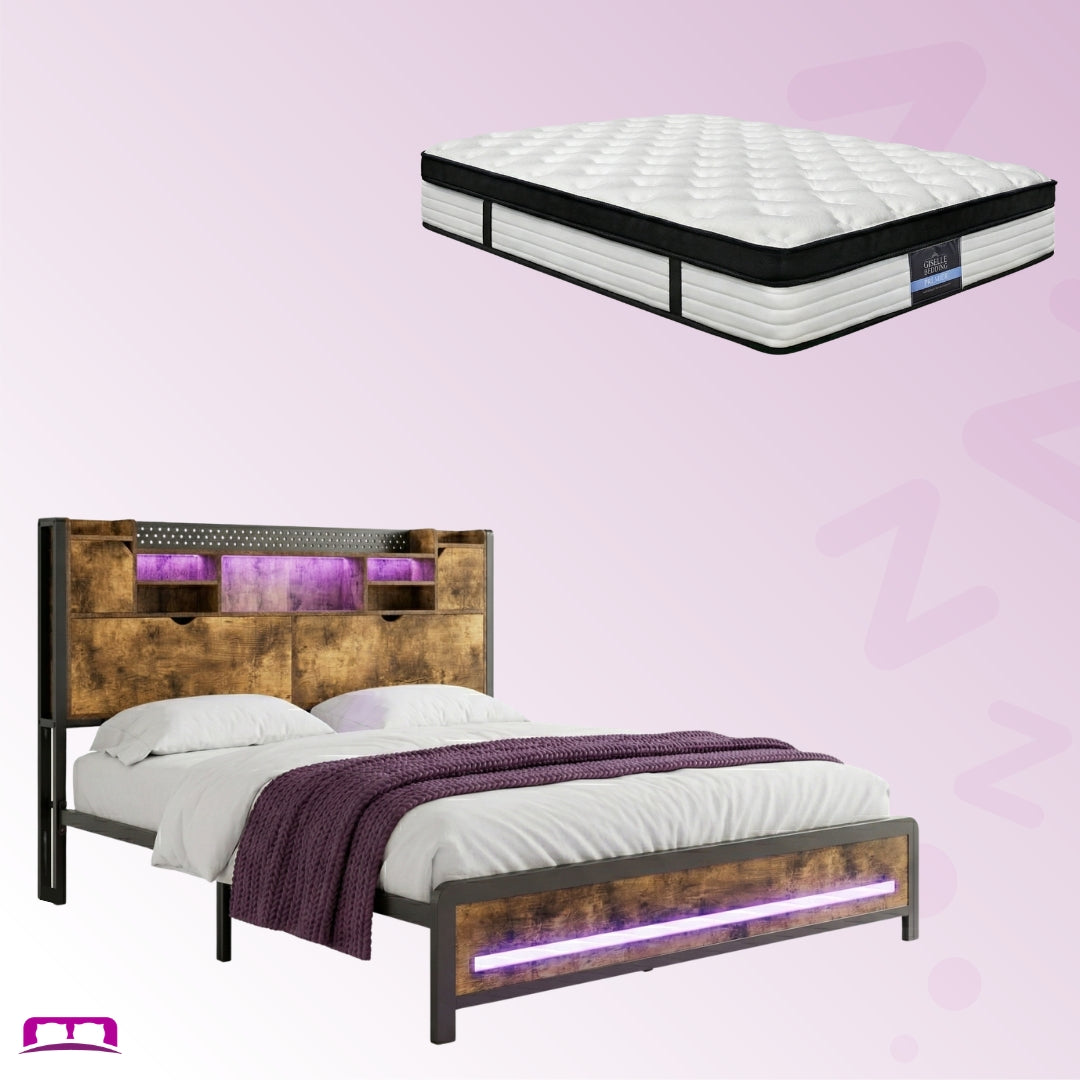 Queen Package | Kensley LED Storage Bed Frame Industrial & Serenity Euro Top Mattress (Medium Firm)