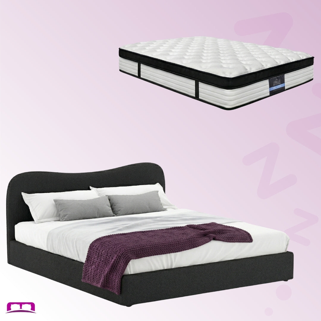 King Package | Albany Bouclé Bed Frame Black & Serenity Euro Top Mattress (Medium Firm)
