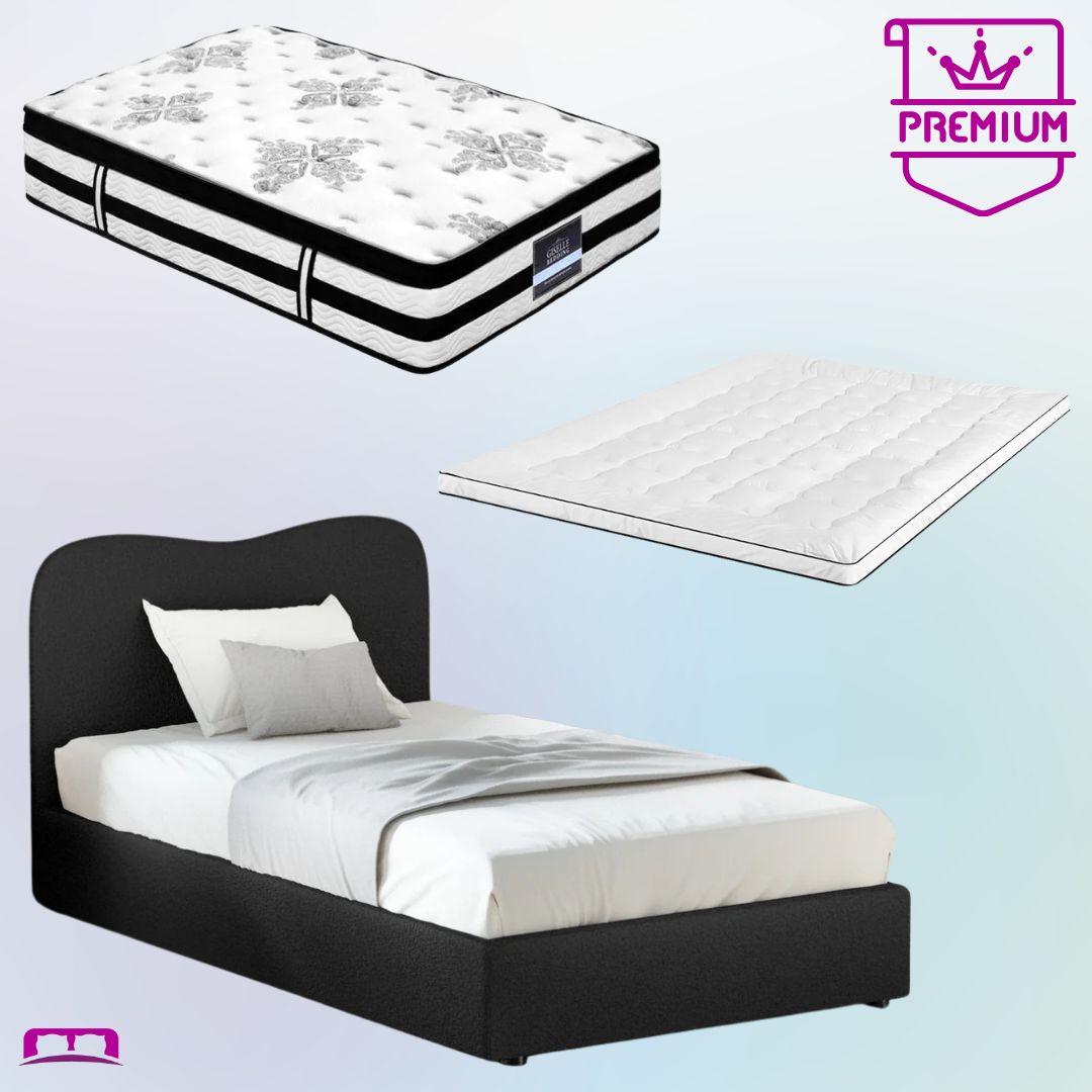 King Single Premium Package | Albany Bouclé Bed Frame Black, Algarve Euro Top Pocket Spring Mattress (Medium Firm) & Pillowtop Mattress Topper