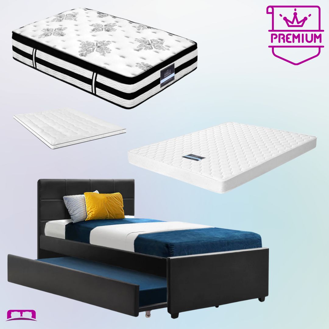 King Single Premium Package | Eden Trundle Bed Black, Algarve Euro Top Pocket Spring Mattress (Medium Firm), Arina Series Trundle Mattress (Medium Firm) & Pillowtop Mattress Topper