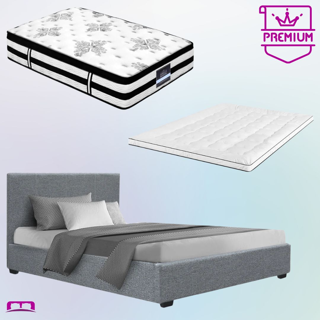 King Single Premium Package | Elwood Gas Lift Bed Frame Grey, Algarve Euro Top Pocket Spring Mattress (Medium Firm) & Pillowtop Mattress Topper
