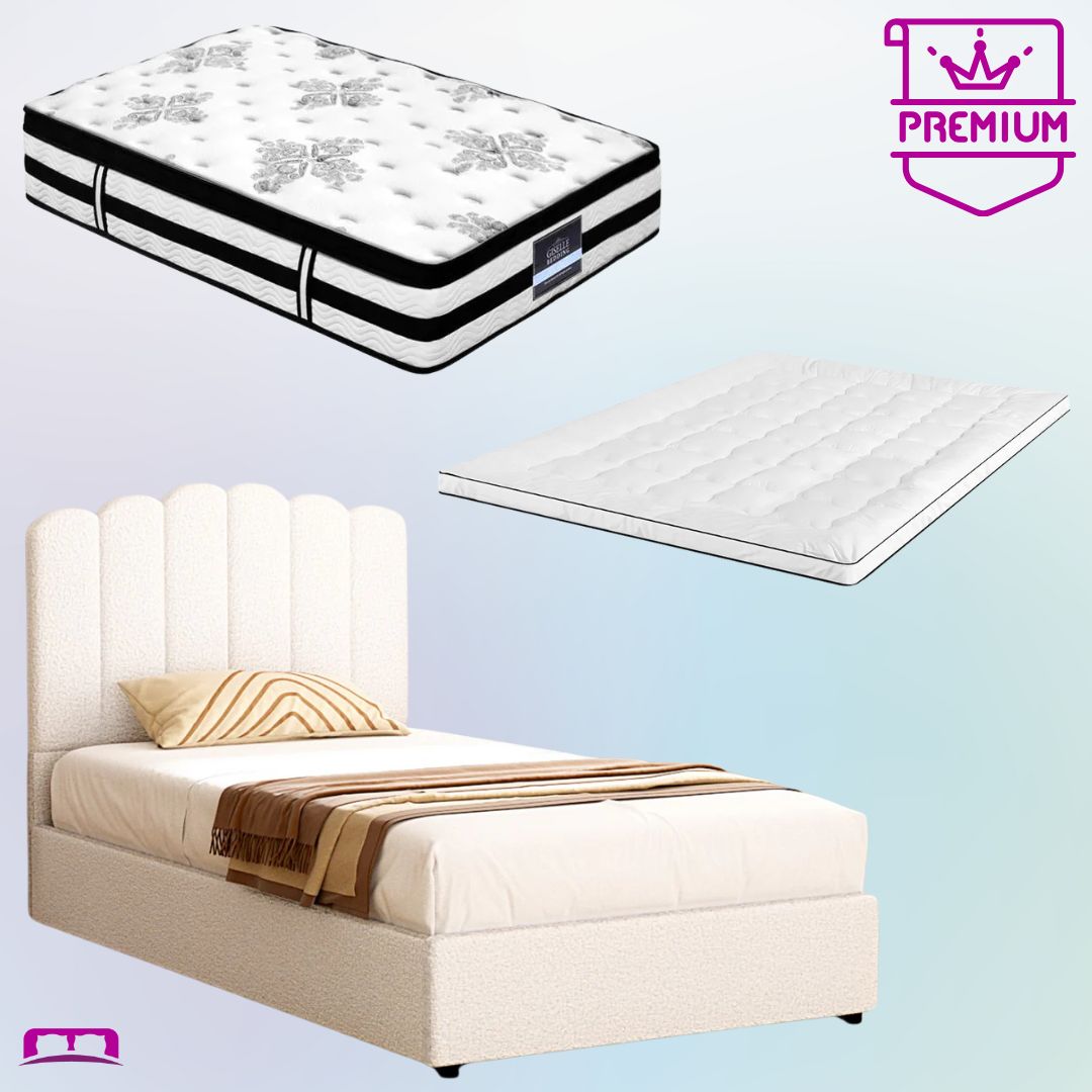 King Single Premium Package | Fion Boucle Gas Lift Bed Frame Cream White with Algarve Euro Top Pocket Spring Mattress and Pillowtop Topper