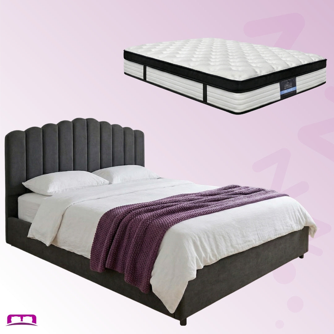 King Package | Fiona Velvet Gas Lift Bed Frame Grey & Serenity Euro Top Mattress (Medium Firm)