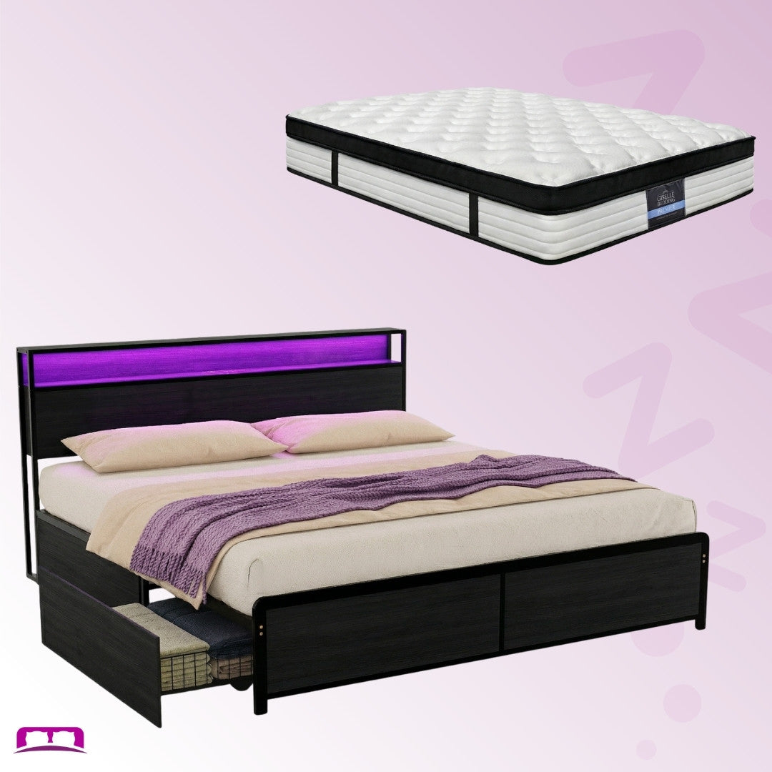 King Package | Sky LED Bed Frame with Storage Drawers Black & Serenity Euro Top Mattress (Medium Firm)