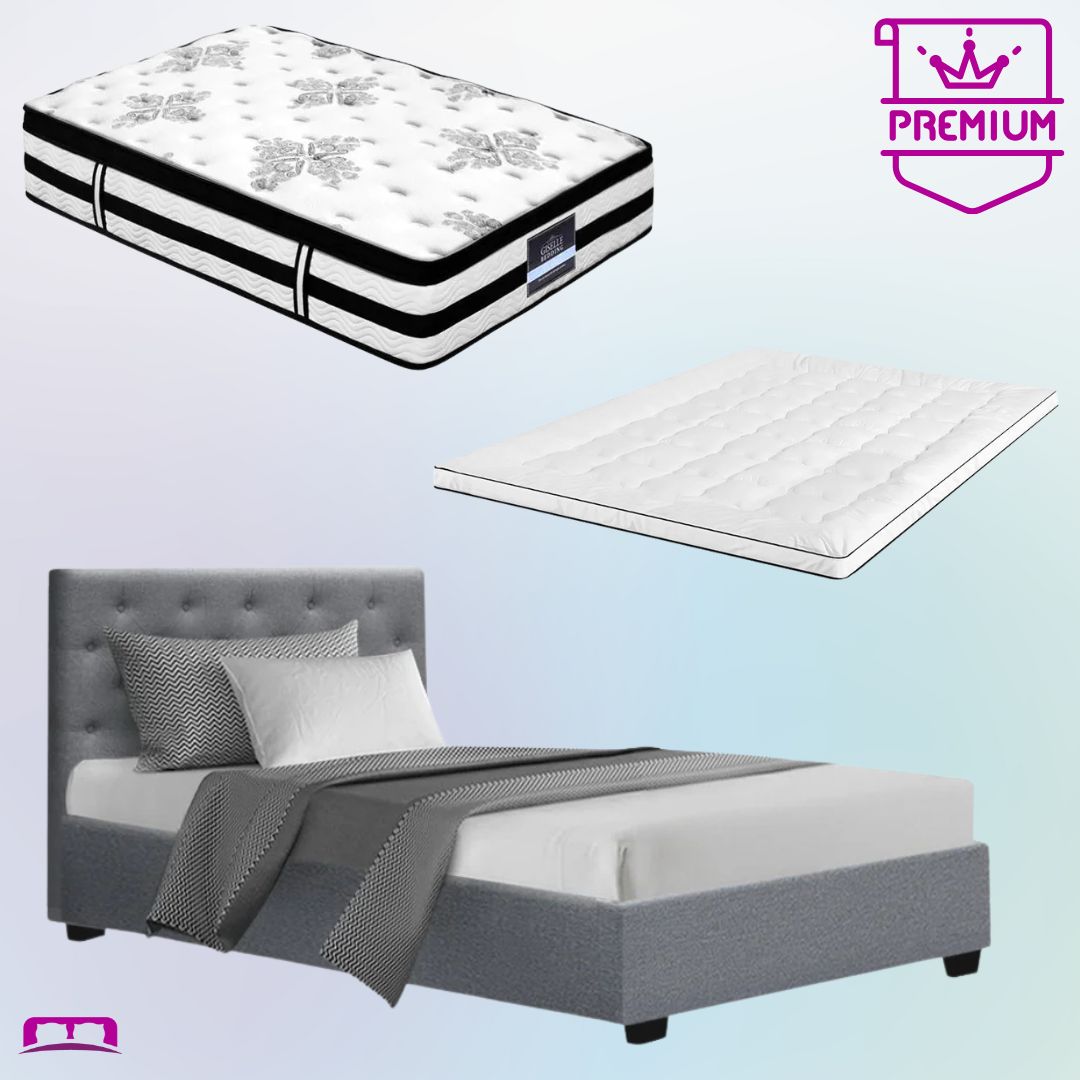 King Single Premium Package | Dorilla Gas Lift Bed Frame Grey, Algarve Euro Top Pocket Spring Mattress (Medium Firm) & Pillowtop Mattress Topper