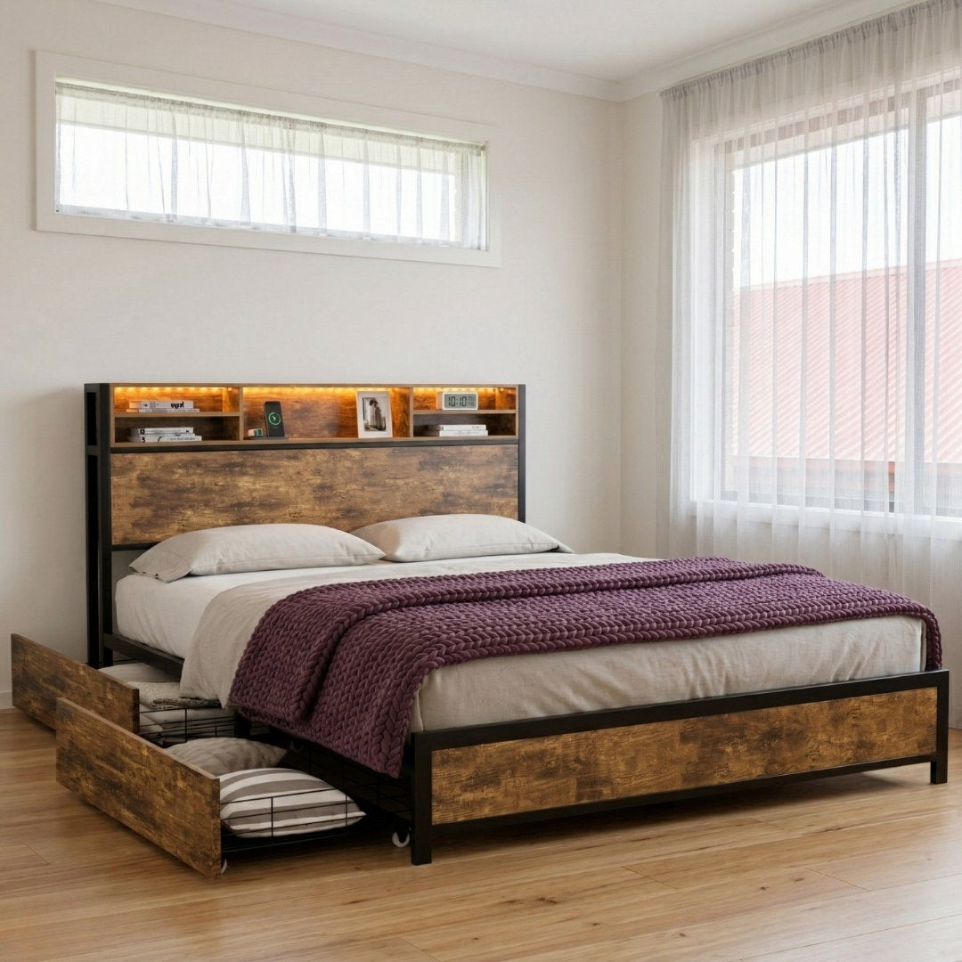 King Package | Knoxford LED Bed Frame with 4 Drawers Brown & Serenity Euro Top Mattress (Medium Firm)