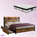 King Package | Knoxford LED Bed Frame with 4 Drawers Brown & Serenity Euro Top Mattress (Medium Firm)