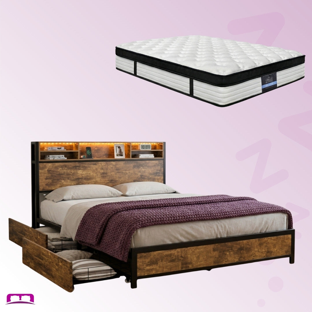 King Package | Knoxford LED Bed Frame with 4 Drawers Brown & Serenity Euro Top Mattress (Medium Firm)