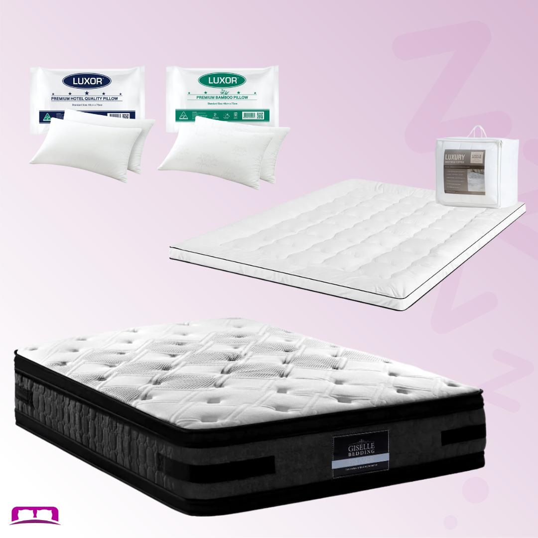 King Comfort Package | Luna Series Euro Top Mattress (Medium Firm), Deluxe Pillowtop Topper, 2 Deluxe & 2 Cooling Pillows