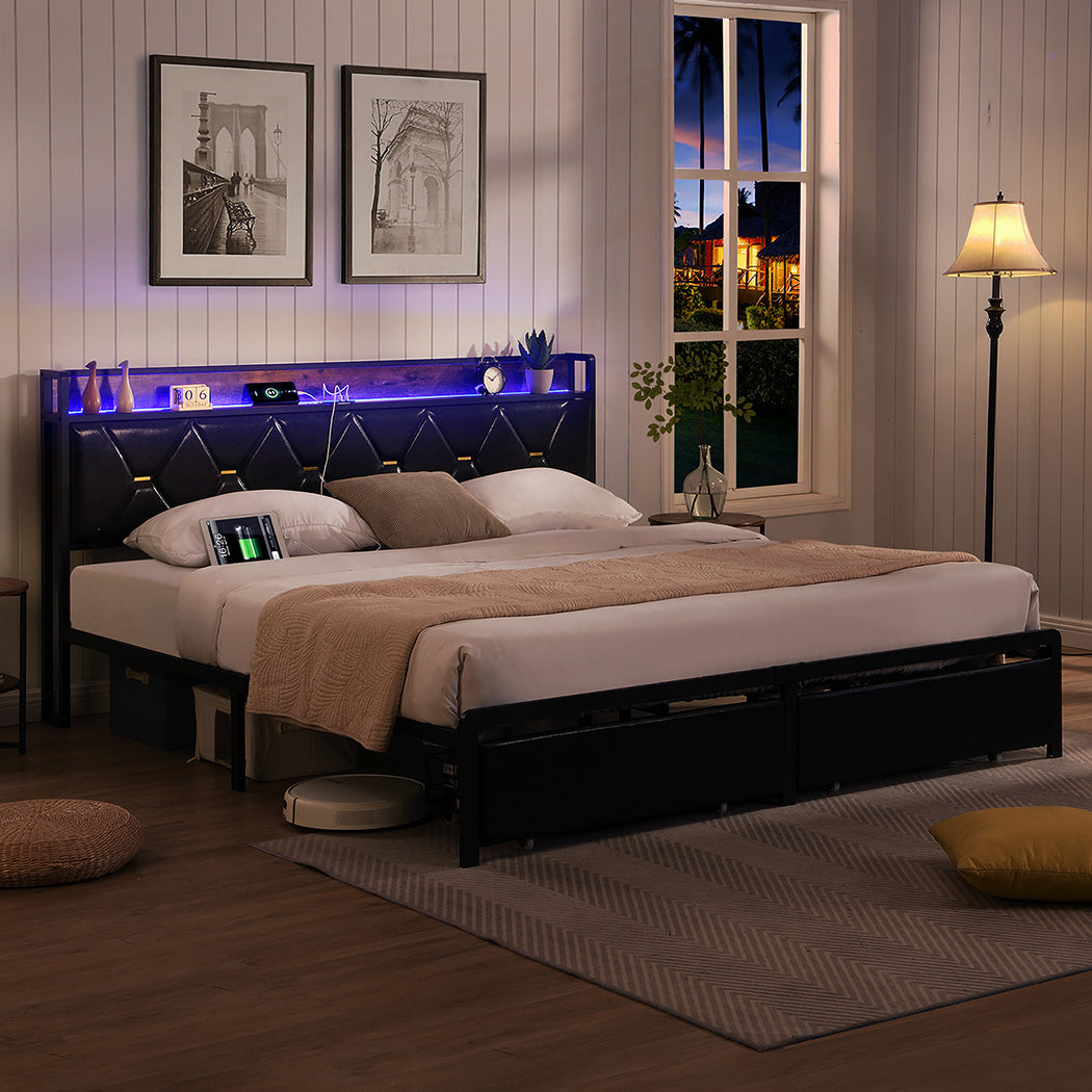 Levede Double Metal Bed Frame LED Lights 2 Drawers-1954802443862806534