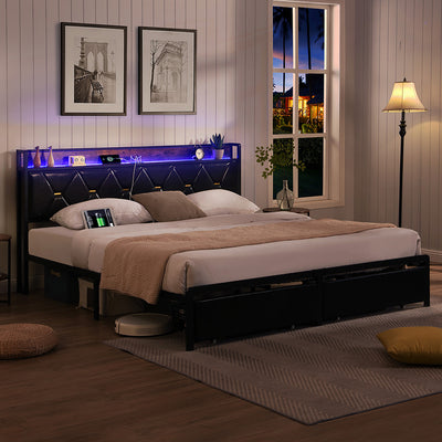 Levede Double Metal Bed Frame LED Lights 2 Drawers-1954802443862806534
