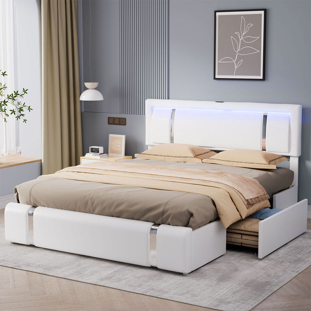 Levede Queen Bed Frame With Adjustable Headboard White-1910112269375770630