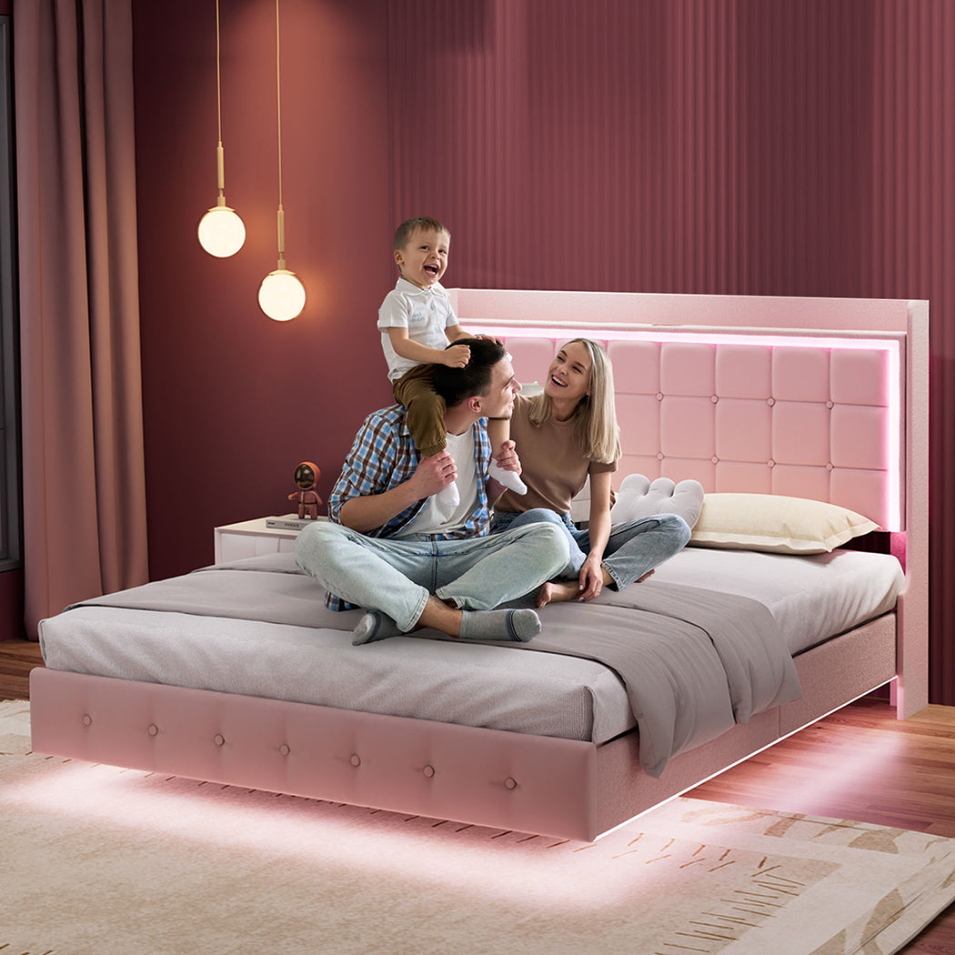 Queen Package | Evangeline Floating LED Bed Frame Pink & Serenity Euro Top Mattress (Medium Firm)