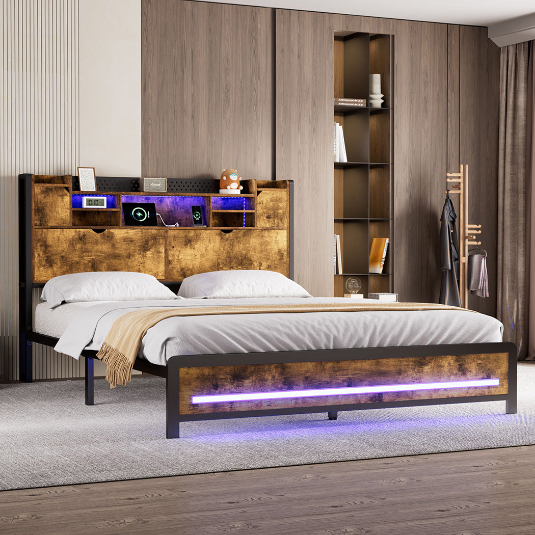 Queen Package | Kensley LED Storage Bed Frame Industrial & Serenity Euro Top Mattress (Medium Firm)