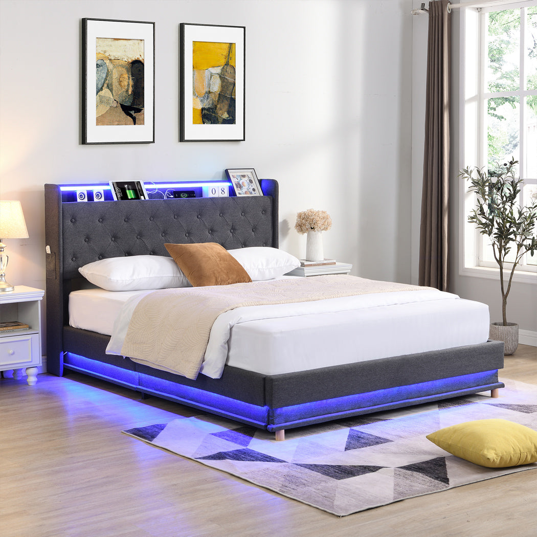 Levede Queen Bed Frame Gas Lift LED Light-1942353645995692038