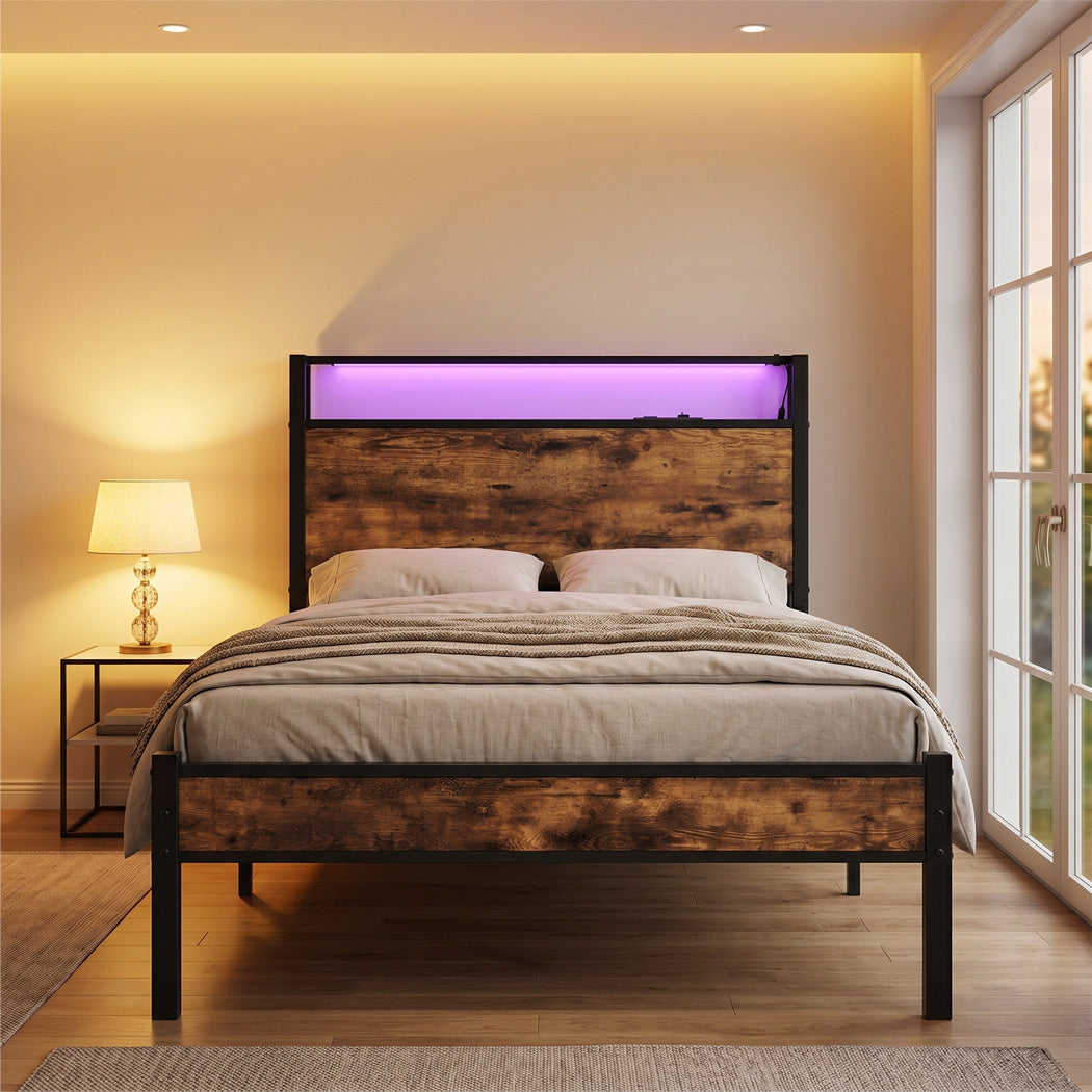 Levede Single Bed Frame LED Lights USB Charging Storage Headboard Metal Platform-2100002239765680134