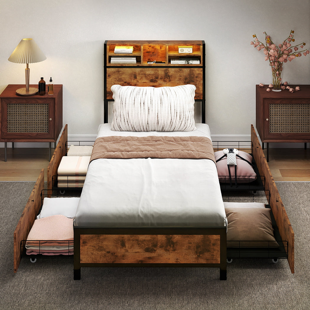 Single Package | Knoxford LED Storage Bed Frame Industrial & Glay Bonnell Spring Mattress (Medium Firm)