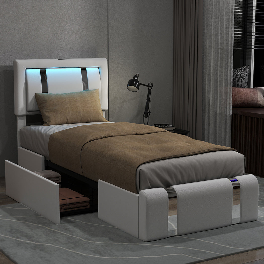 Single Package | Brighton LED Storage Bed Frame White & Glay Bonnell Spring Mattress (Medium Firm)