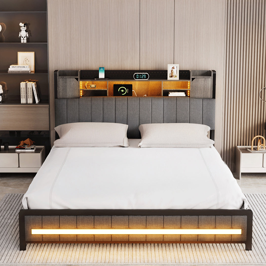 King Package | Elmore LED Bed Frame Grey & Serenity Euro Top Mattress (Medium Firm)