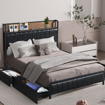 Levede Queen Bed Frame PU 4 Drawer USB Charge-1954802934239858694