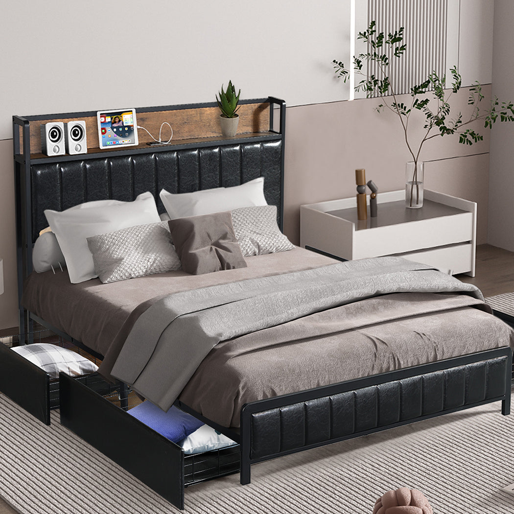 Levede Queen Bed Frame PU 4 Drawer USB Charge-1910113213018673158