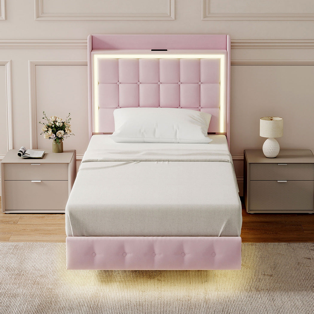 Single Package | Evangeline Floating LED Bed Pink & Glay Bonnell Spring Mattress (Medium Firm)