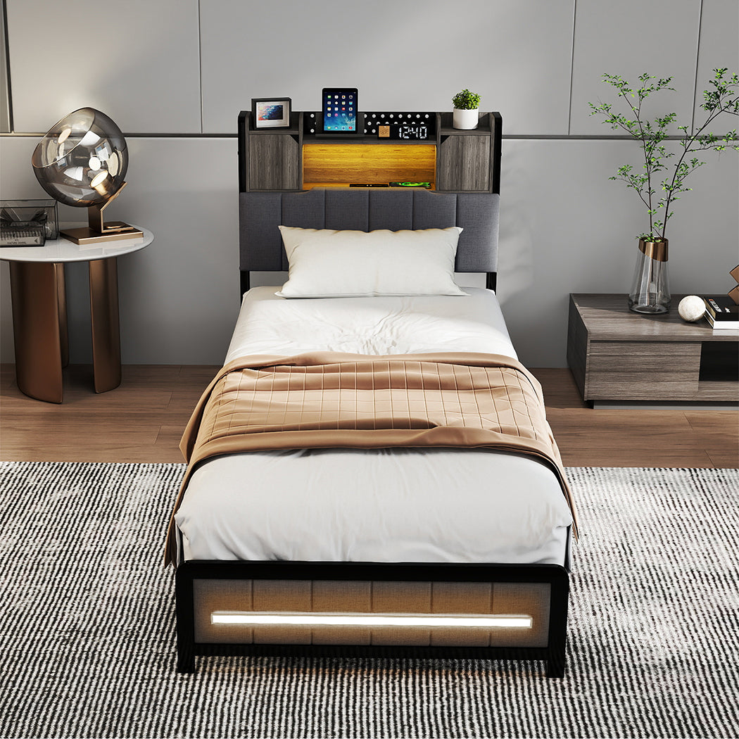 Single Package | Elmore LED Bed Frame Grey & Glay Bonnell Spring Mattress (Medium Firm)