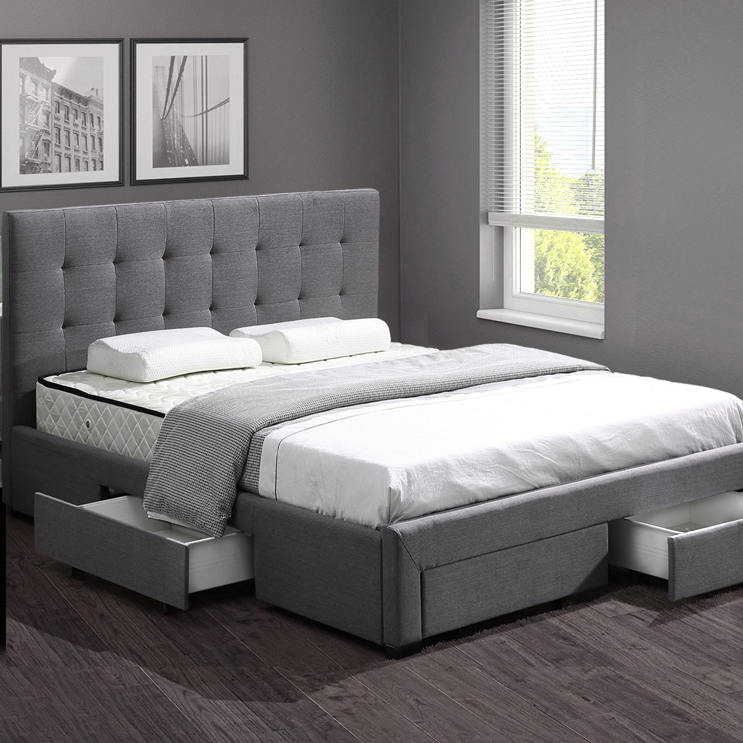 Levede Queen Bed Frame Fabric Tufted Dark Grey-1954802923942842374