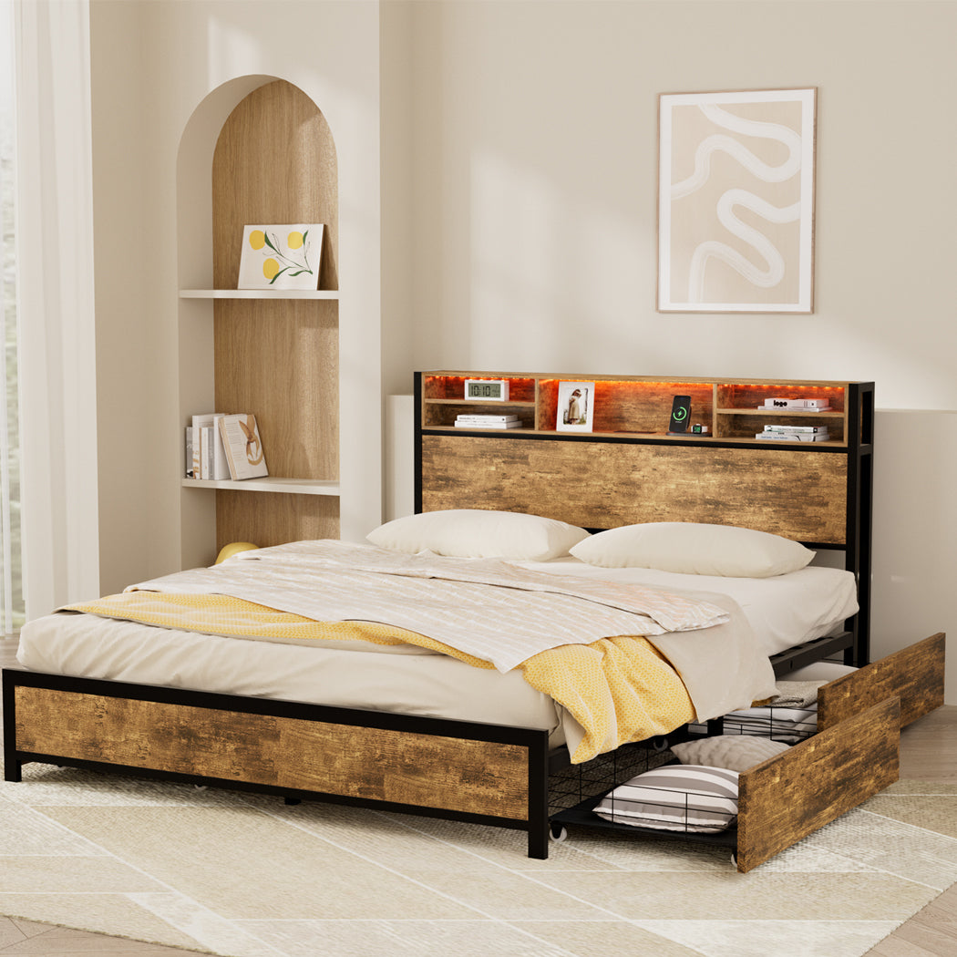 King Package | Knoxford LED Bed Frame with 4 Drawers Brown & Serenity Euro Top Mattress (Medium Firm)