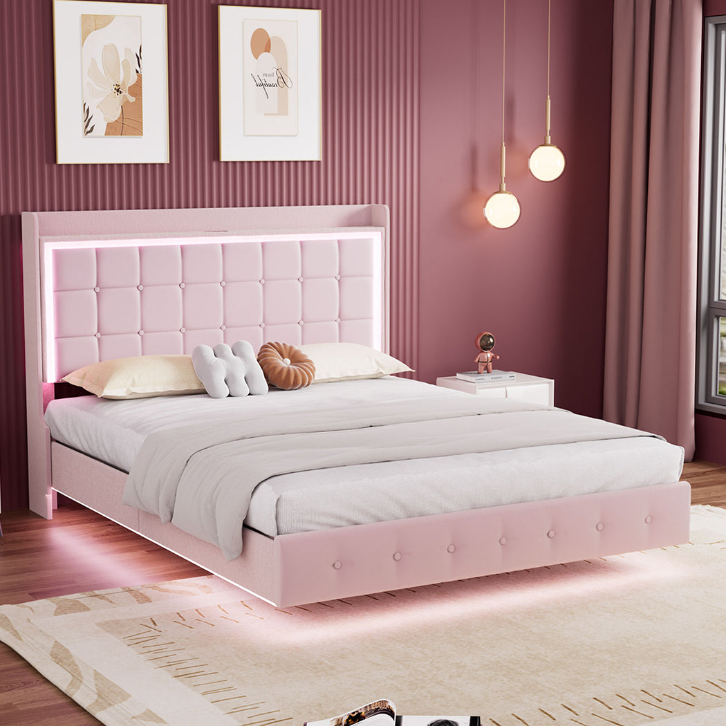 Levede King Floating Bed Frame LED Headboard USB Pink-1996009956473704455