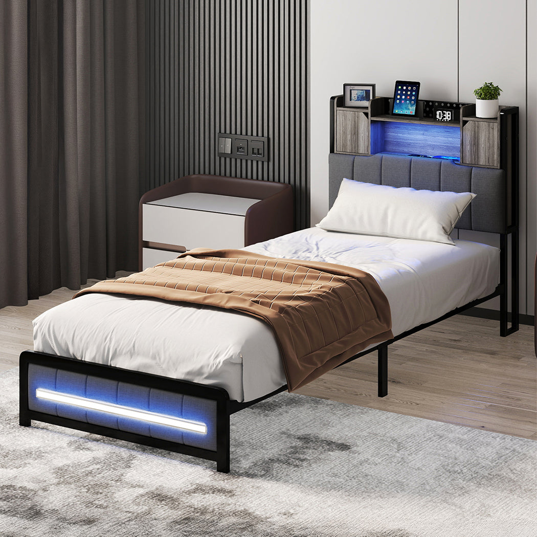 Single Package | Elmore LED Bed Frame Grey & Glay Bonnell Spring Mattress (Medium Firm)