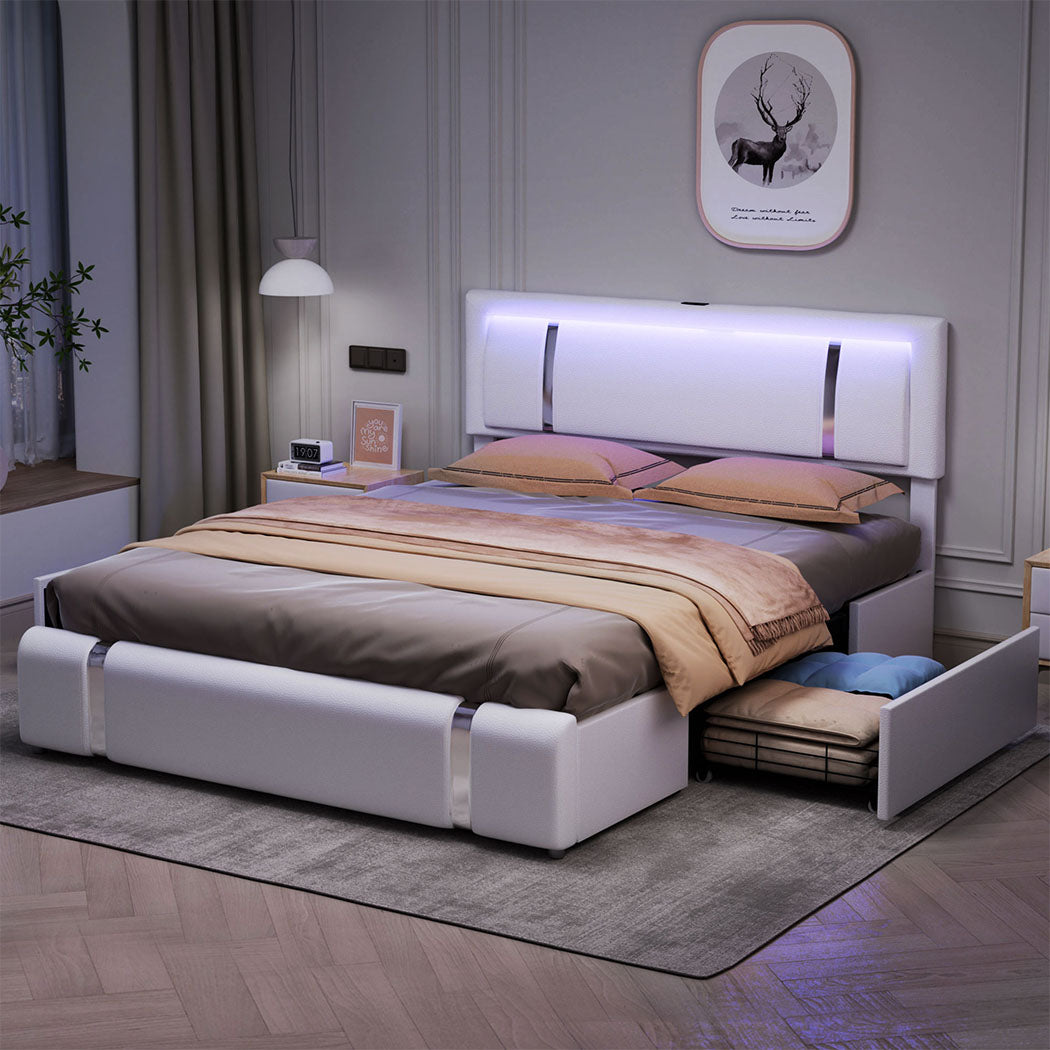 Queen Package | Brighton LED Storage Bed Frame White & Serenity Euro Top Mattress (Medium Firm)